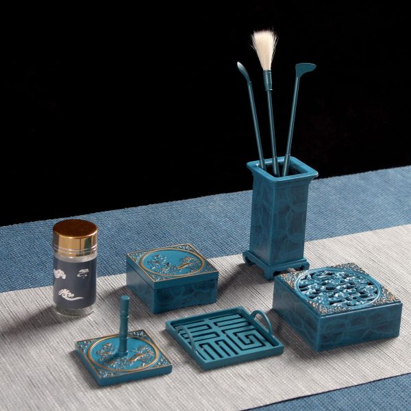 Burnt Blue Square Cloud Incense Burner Set